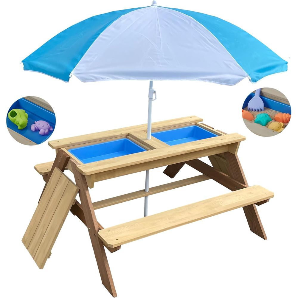 Kids Outdoor Bench With Umbrella - Kids 3-in-1 Sand Water Activity Table