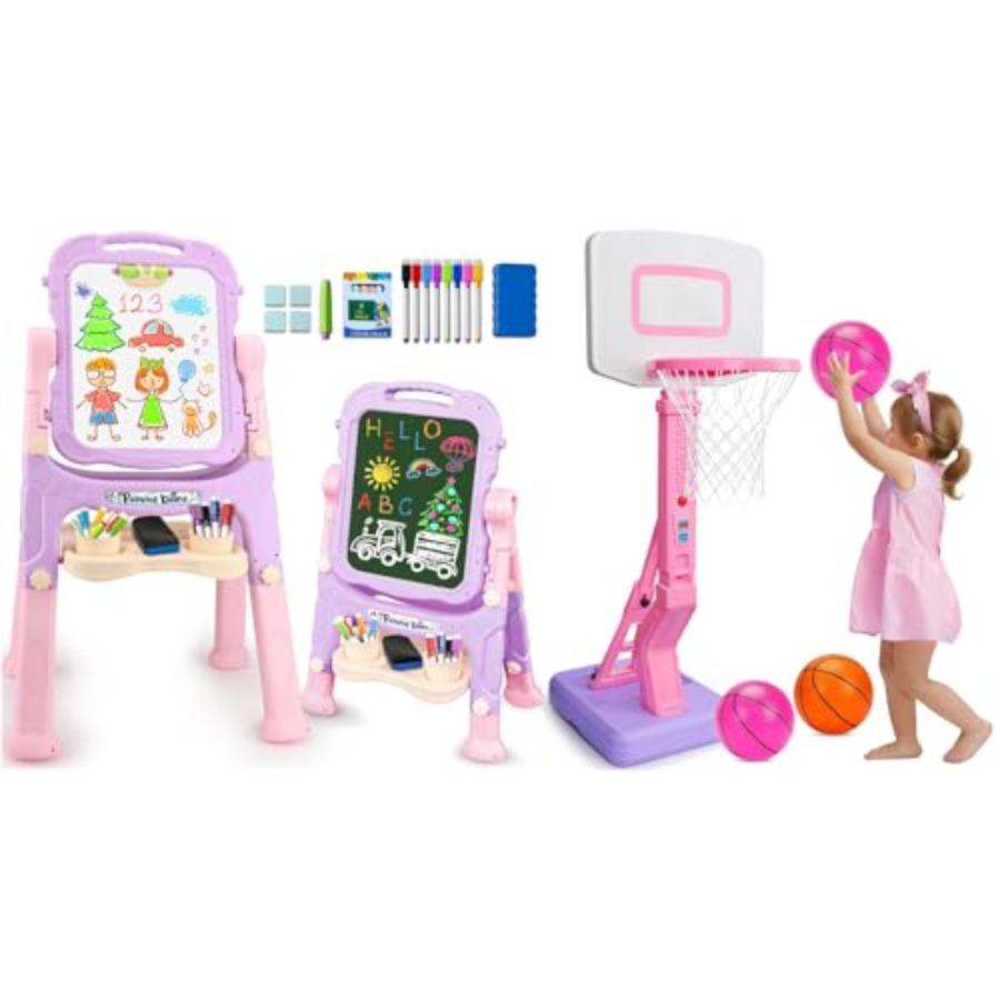 Kids Outdoor Easel - Toddler indoor outdoor pink basketball hoop