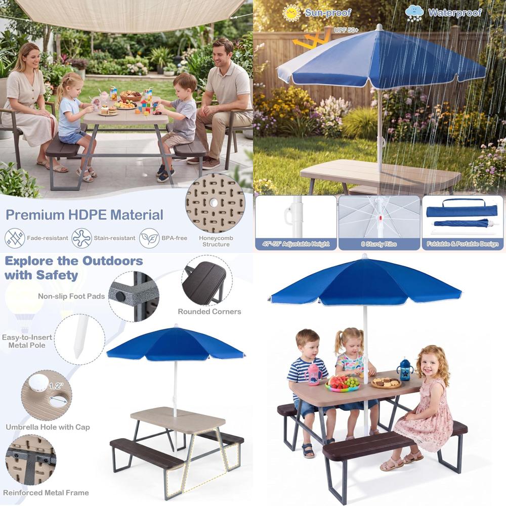 Kids Outdoor Bench With Umbrella - Kids Picnic Table, Toddler Outdoor Table