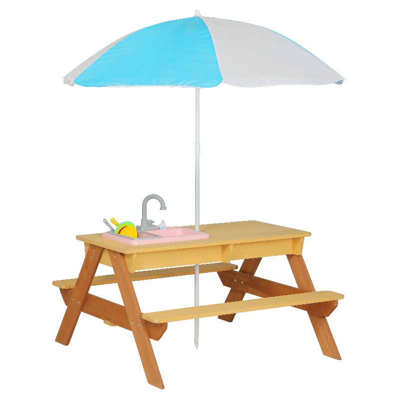 Kids Outdoor Table With Umbrella - Wooden Kids Picnic Table, Sand and