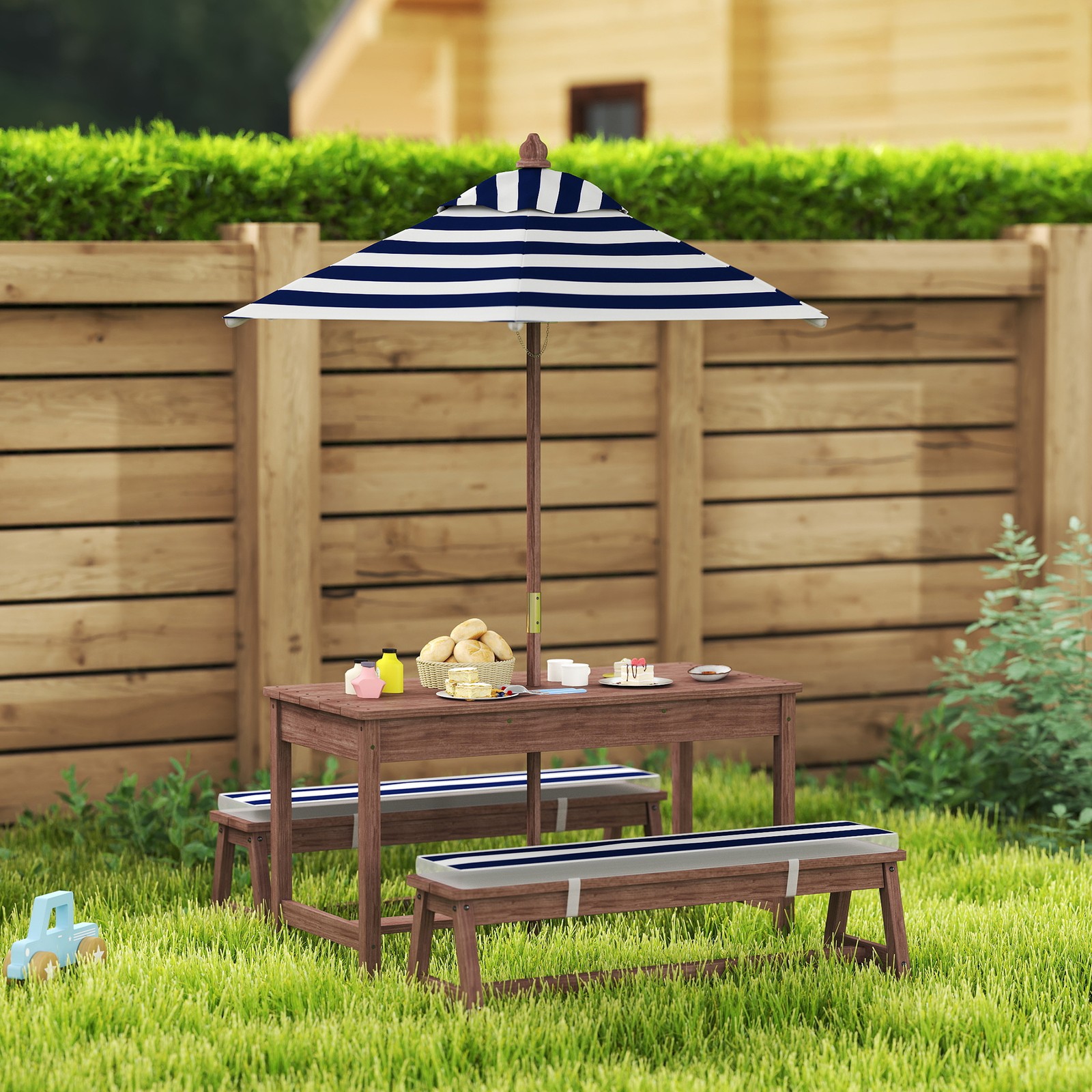 Kids Outdoor Bench With Umbrella - Kids Picnic Table, Wooden Table &