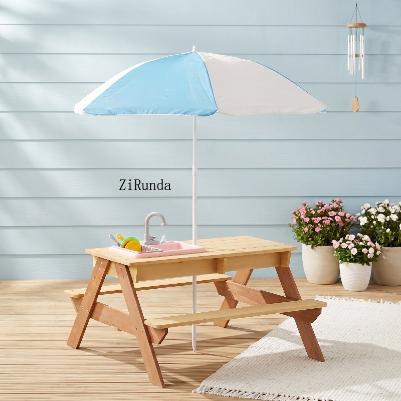 Wooden Kids Picnic Table, Sand – обзор и цена Kids Outdoor Table With Umbrella