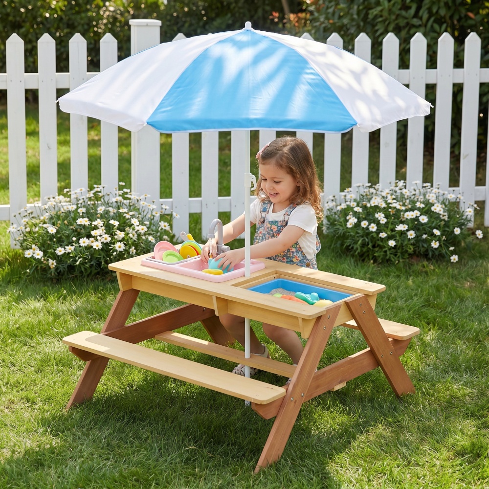 Wooden Kids Picnic Table, Sand – обзор и цена Kids Outdoor Table With Umbrella