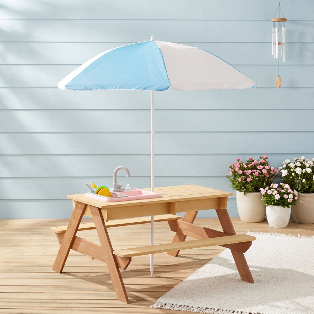 Wooden Kids Picnic Table, Sand – обзор и цена Kids Outdoor Table With Umbrella