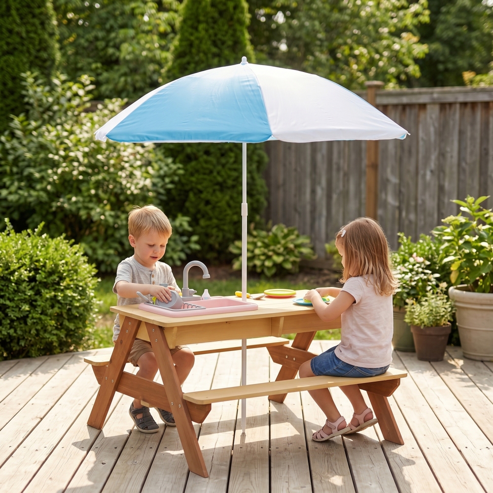 Wooden Kids Picnic Table, Sand – обзор и цена Kids Outdoor Table With Umbrella