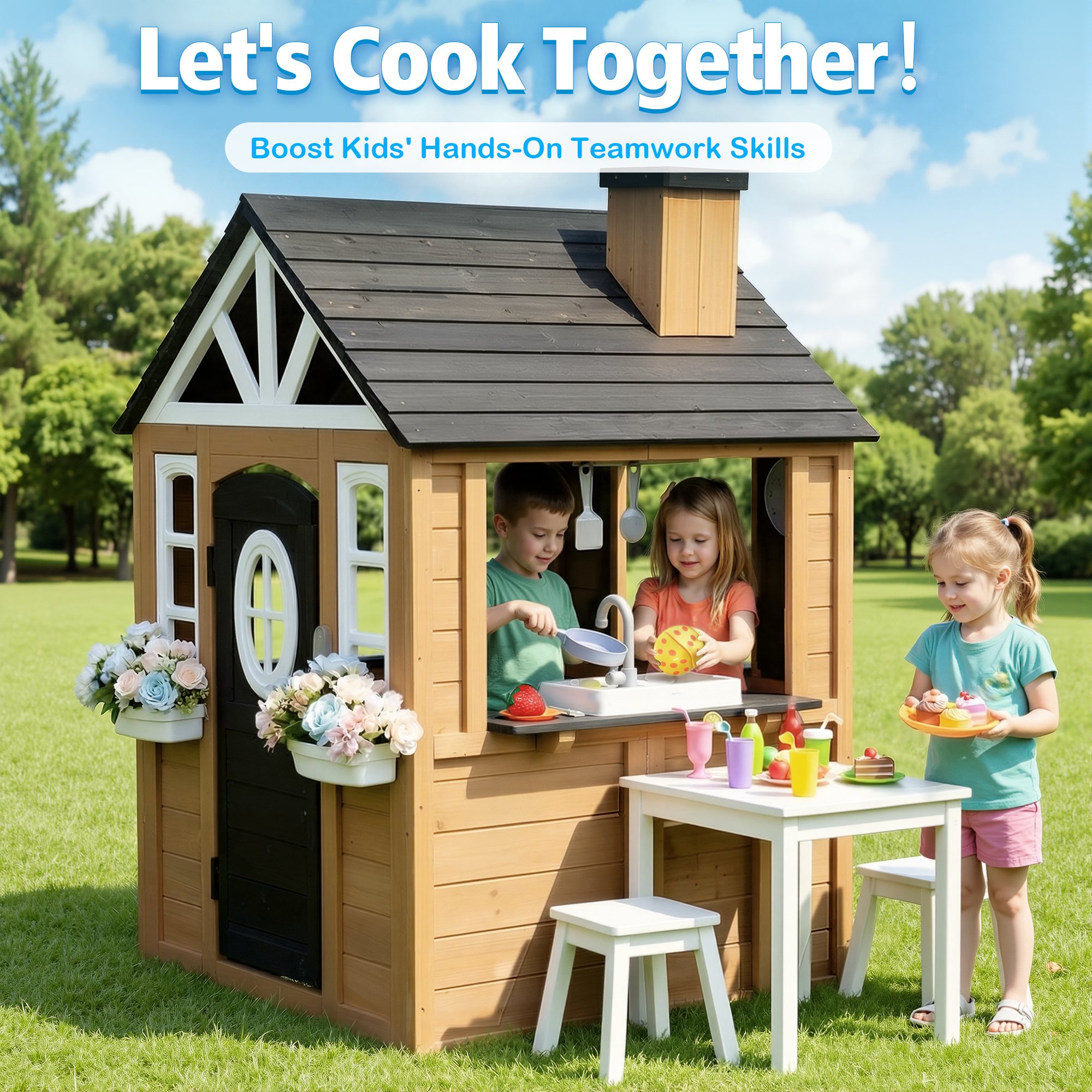 Kids Wooden Playhouse Outdoor  – обзор и цена Kids Outdoor House With Kitchen